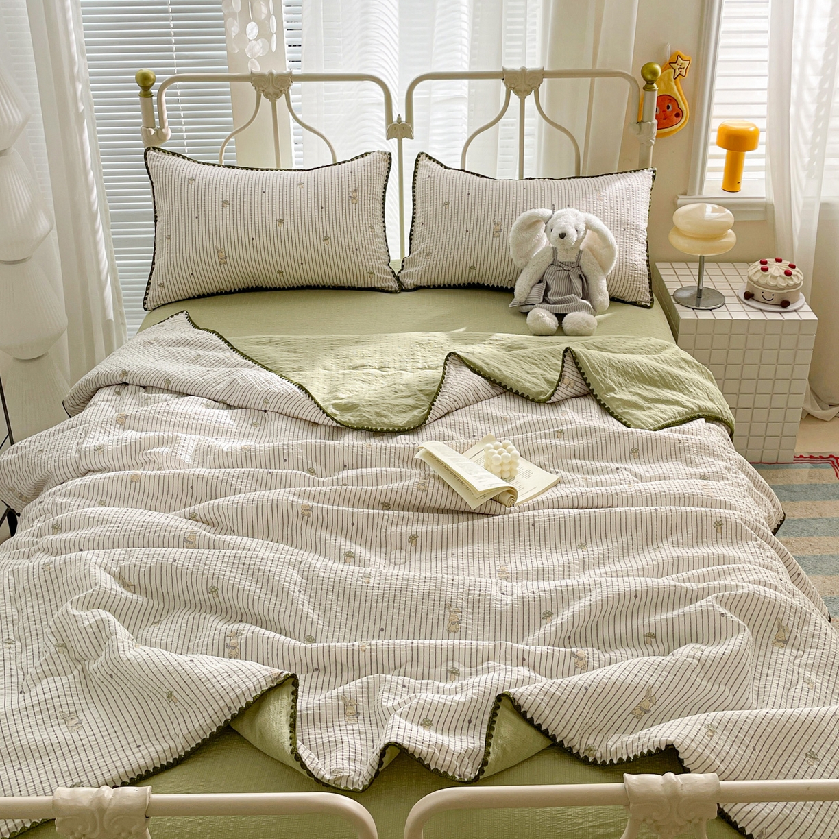 91家纺网 家纺一手货源 找家纺 蓝极人 2026新款泡芙贝壳边夏被四件套 XB蘑菇兔