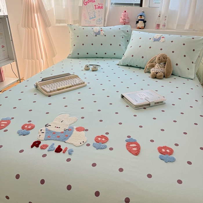 雅萱家纺 2026新款全棉老粗布毛巾绣床单 青柠波点奶兔