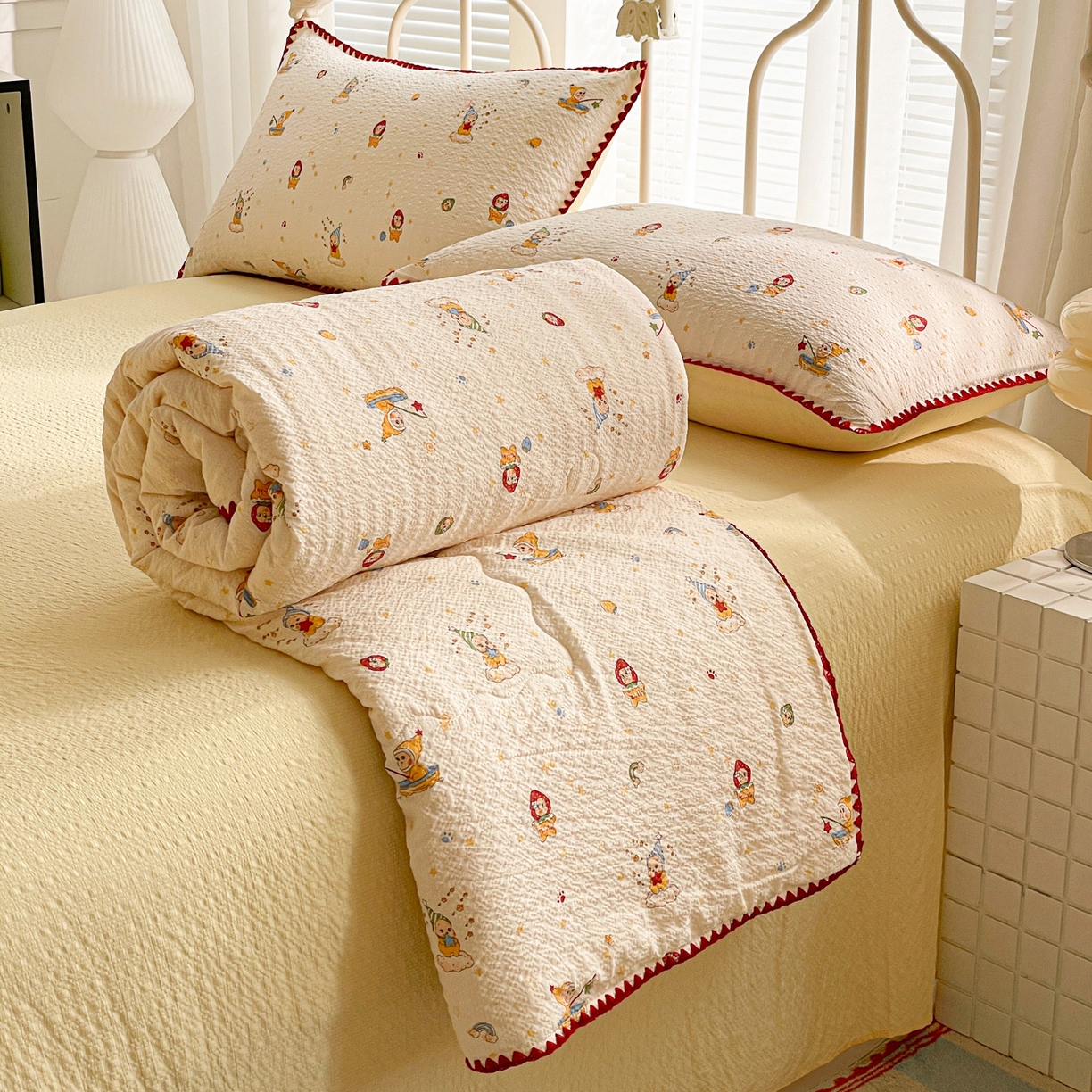 91家纺网 家纺一手货源 找家纺 蓝极人 2026新款泡芙贝壳边夏被四件套 XB星星人