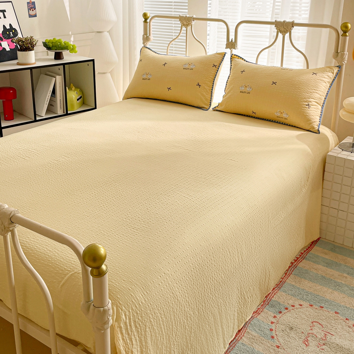 91家纺网 家纺一手货源 找家纺 蓝极人 2026新款泡芙贝壳边夏被四件套 XB施华洛黄