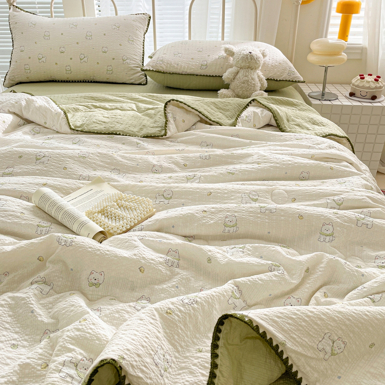 91家纺网 家纺一手货源 找家纺 蓝极人 2026新款泡芙贝壳边夏被四件套 XB耶耶狗