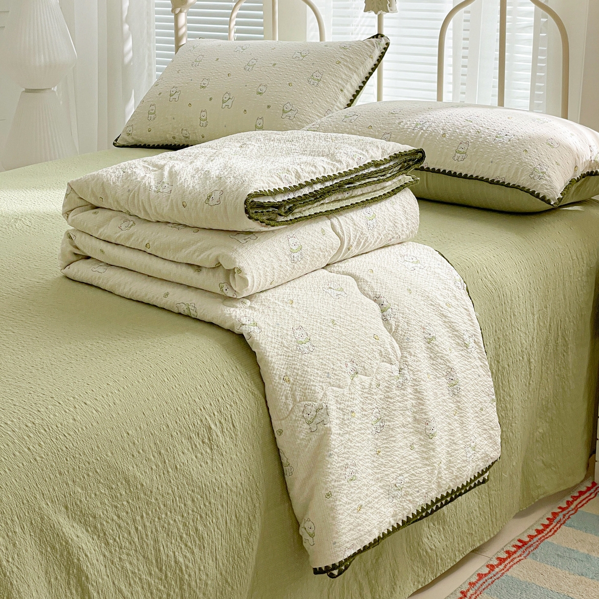 91家纺网 家纺一手货源 找家纺 蓝极人 2026新款泡芙贝壳边夏被四件套 XB耶耶狗