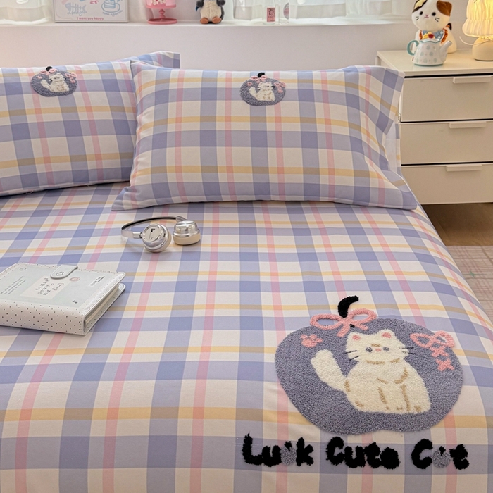 91家纺网 家纺一手货源 找家纺 雅萱家纺 2026新款全棉老粗布毛巾绣床单 软萌奶猫