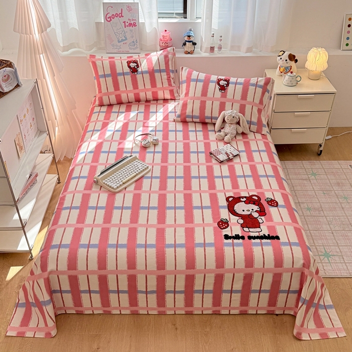 91家纺网 家纺一手货源 找家纺 雅萱家纺 2026新款全棉老粗布毛巾绣床单 甜莓Kitty