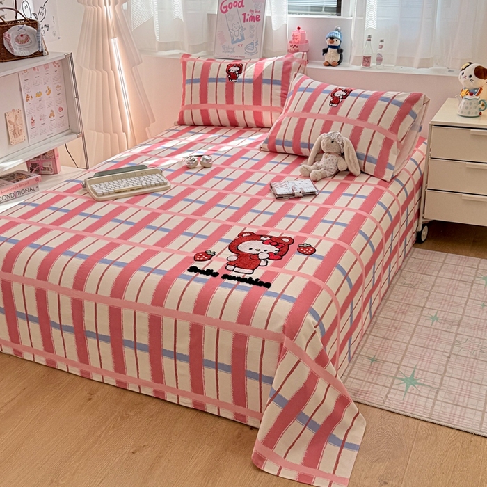 91家纺网 家纺一手货源 找家纺 雅萱家纺 2026新款全棉老粗布毛巾绣床单 甜莓Kitty