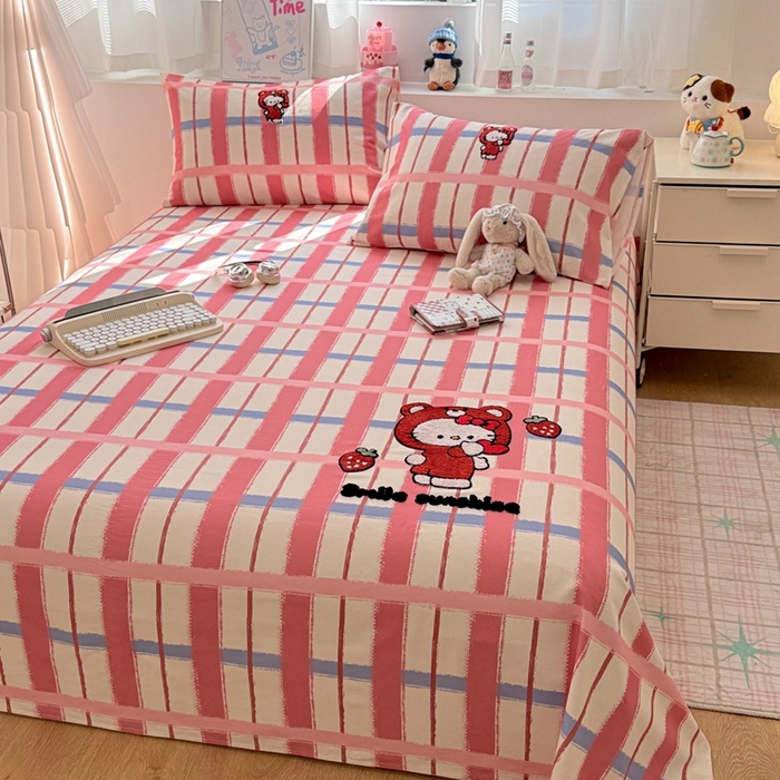 91家纺网 家纺一手货源 找家纺 雅萱家纺 2026新款全棉老粗布毛巾绣床单 甜莓Kitty