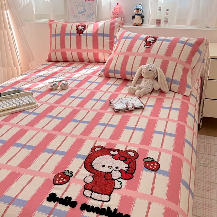 91家纺网 家纺一手货源 找家纺 雅萱家纺 2026新款全棉老粗布毛巾绣床单 甜莓Kitty