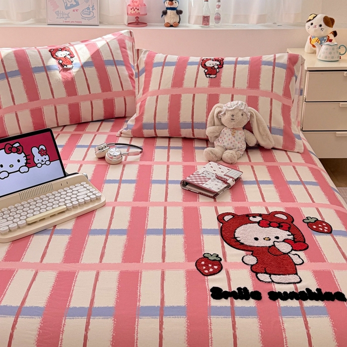 91家纺网 家纺一手货源 找家纺 雅萱家纺 2026新款全棉老粗布毛巾绣床单 甜莓Kitty