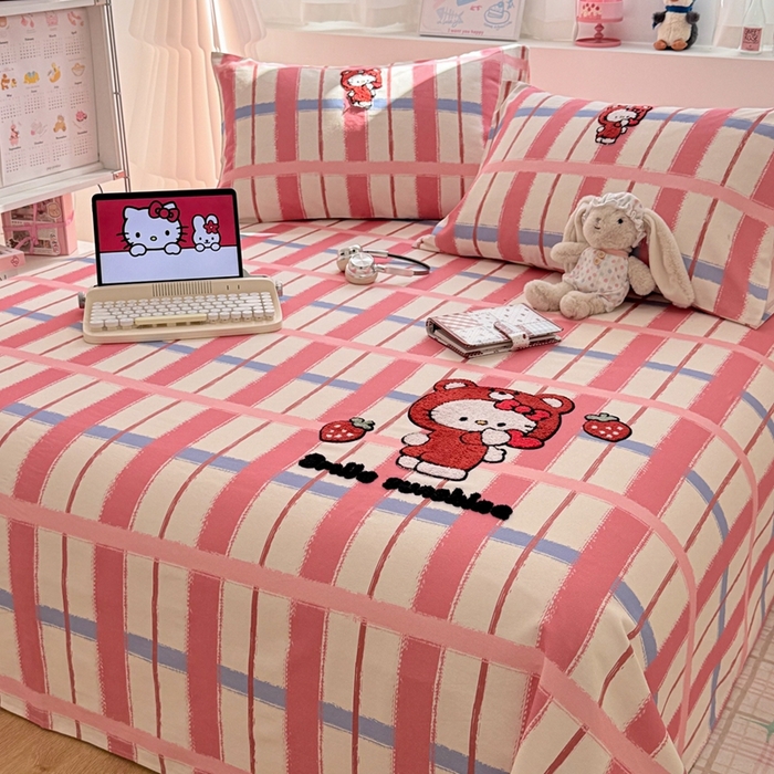 91家纺网 家纺一手货源 找家纺 雅萱家纺 2026新款全棉老粗布毛巾绣床单 甜莓Kitty