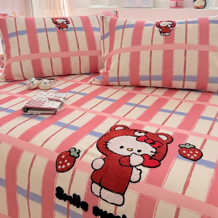 91家纺网 家纺一手货源 找家纺 雅萱家纺 2026新款全棉老粗布毛巾绣床单 甜莓Kitty