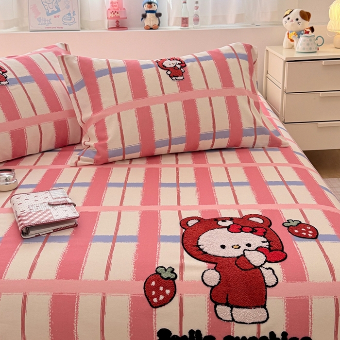 91家纺网 家纺一手货源 找家纺 雅萱家纺 2026新款全棉老粗布毛巾绣床单 甜莓Kitty