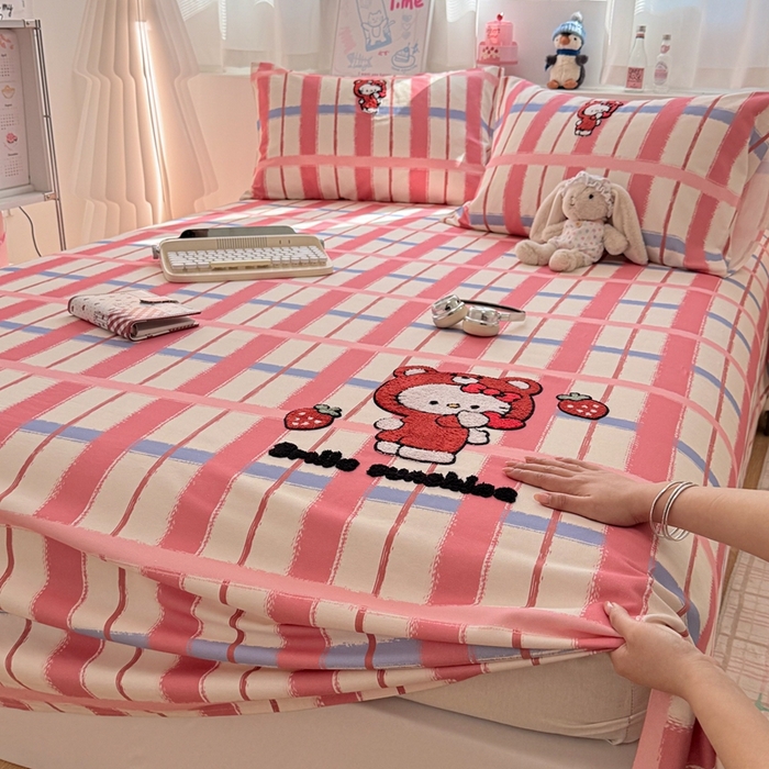 91家纺网 家纺一手货源 找家纺 雅萱家纺 2026新款全棉老粗布毛巾绣床单 甜莓Kitty