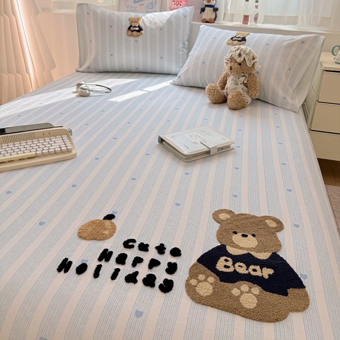 雅萱家纺 2026新款全棉老粗布毛巾绣床单 条纹软熊