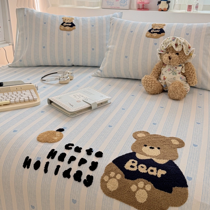 91家纺网 家纺一手货源 找家纺 雅萱家纺 2026新款全棉老粗布毛巾绣床单 条纹软熊