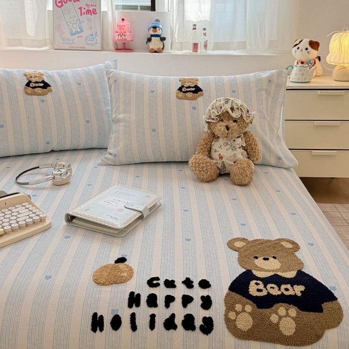 91家纺网 家纺一手货源 找家纺 雅萱家纺 2026新款全棉老粗布毛巾绣床单 条纹软熊