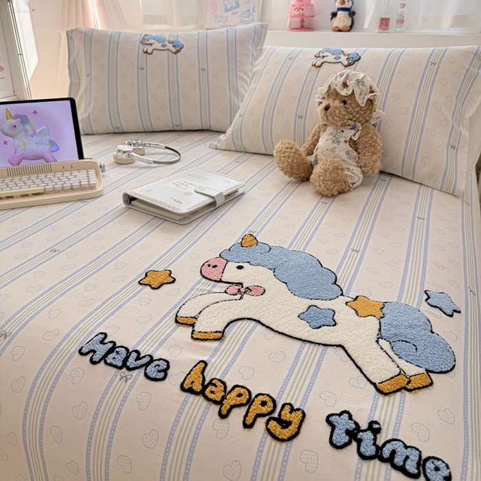 雅萱家纺 2026新款全棉老粗布毛巾绣床单 星愿独角小马