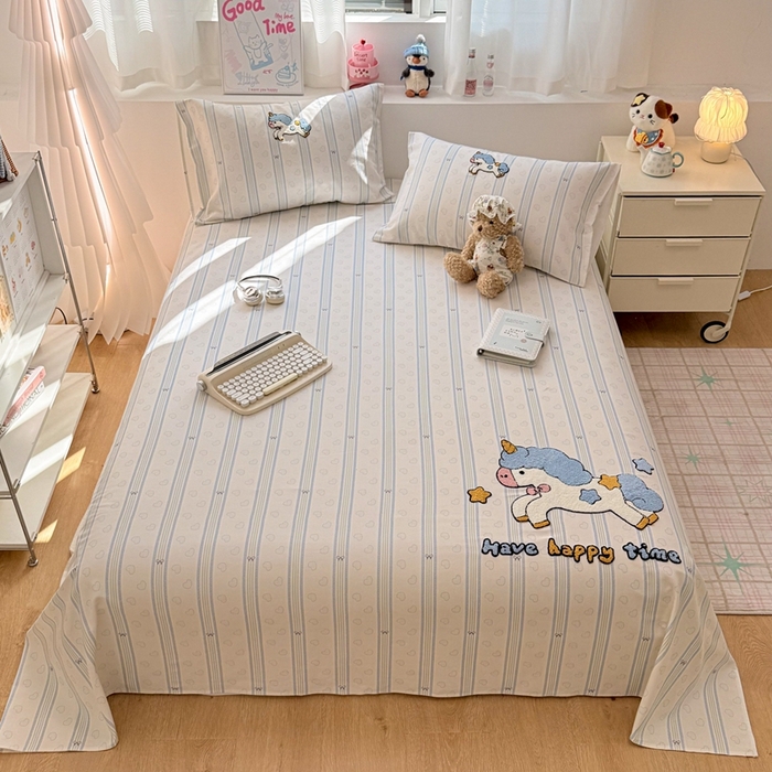 91家纺网 家纺一手货源 找家纺 雅萱家纺 2026新款全棉老粗布毛巾绣床单 星愿独角小马