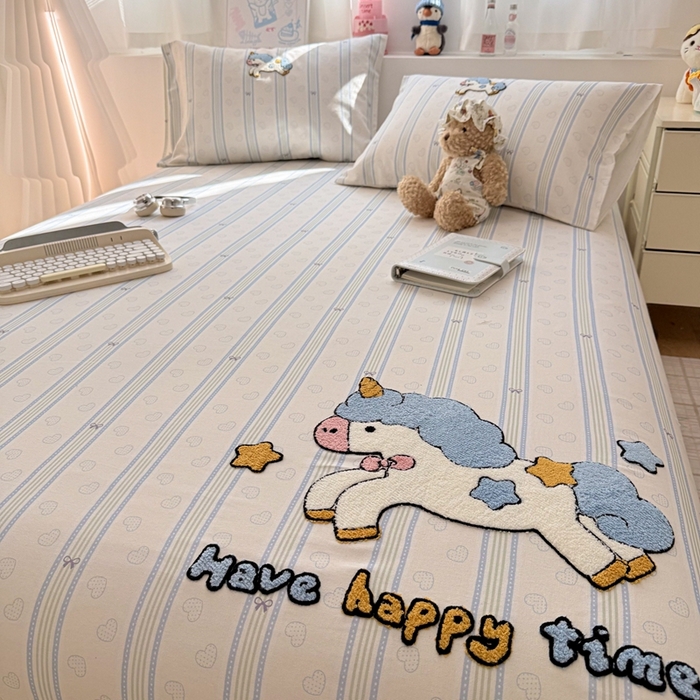 91家纺网 家纺一手货源 找家纺 雅萱家纺 2026新款全棉老粗布毛巾绣床单 星愿独角小马