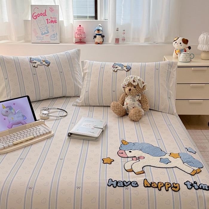 91家纺网 家纺一手货源 找家纺 雅萱家纺 2026新款全棉老粗布毛巾绣床单 星愿独角小马