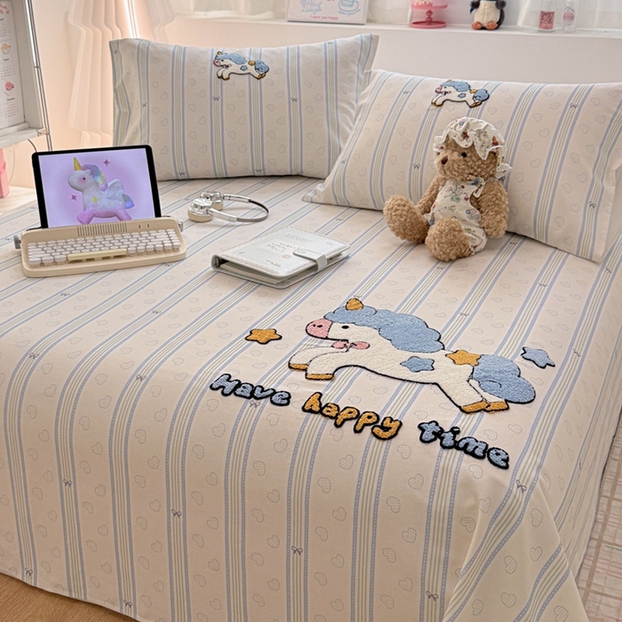 91家纺网 家纺一手货源 找家纺 雅萱家纺 2026新款全棉老粗布毛巾绣床单 星愿独角小马