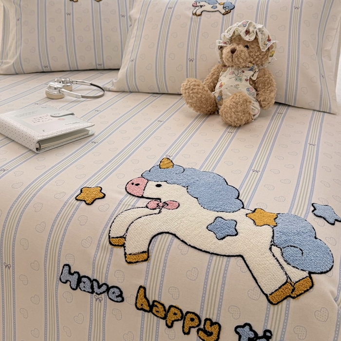 91家纺网 家纺一手货源 找家纺 雅萱家纺 2026新款全棉老粗布毛巾绣床单 星愿独角小马