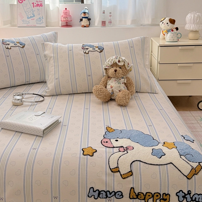 91家纺网 家纺一手货源 找家纺 雅萱家纺 2026新款全棉老粗布毛巾绣床单 星愿独角小马