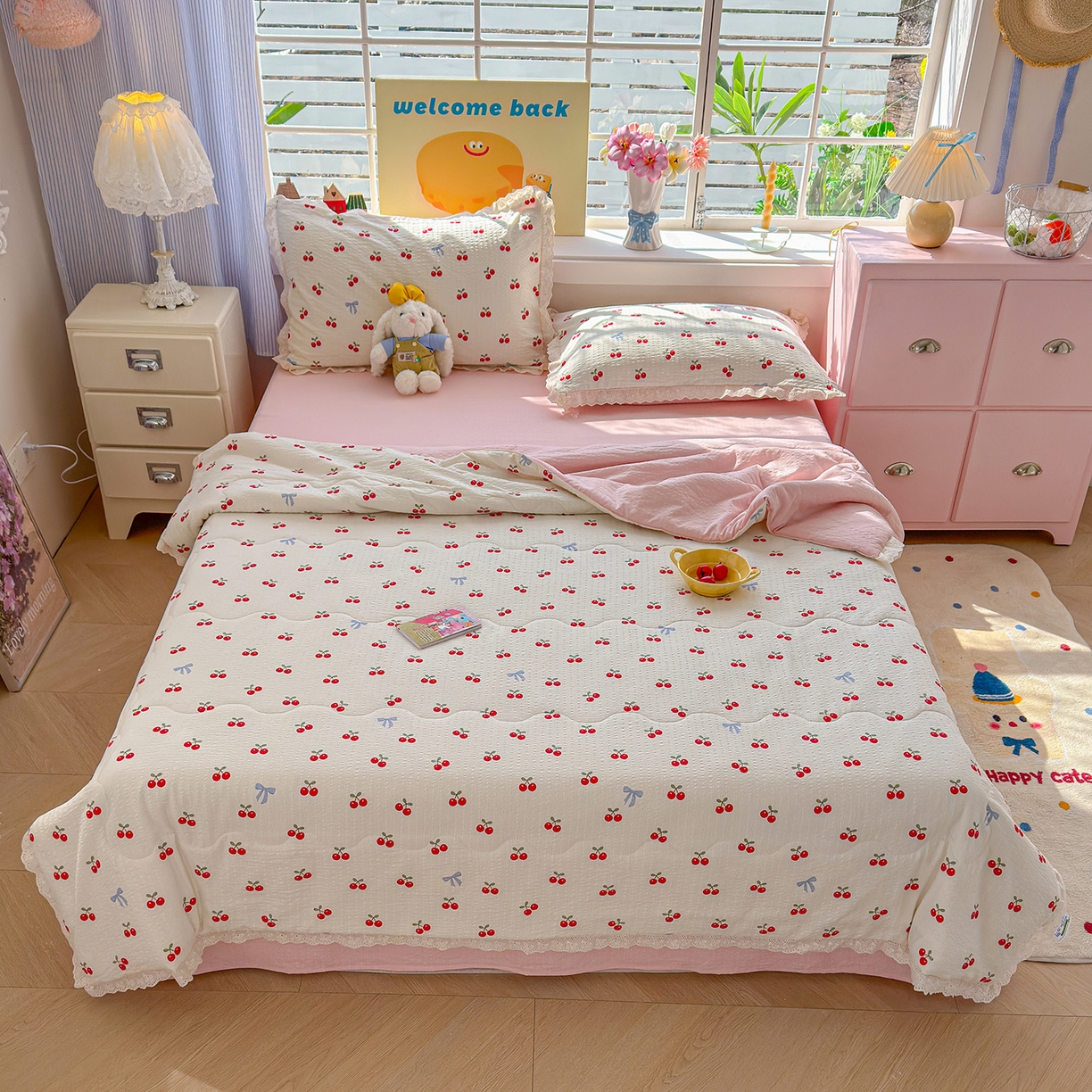 91家纺网 家纺一手货源 找家纺 弗苓家纺 2026新款高克重泡芙棉花边款夏被夏凉被空调被四件套小红书推荐-风格一 樱桃笔记