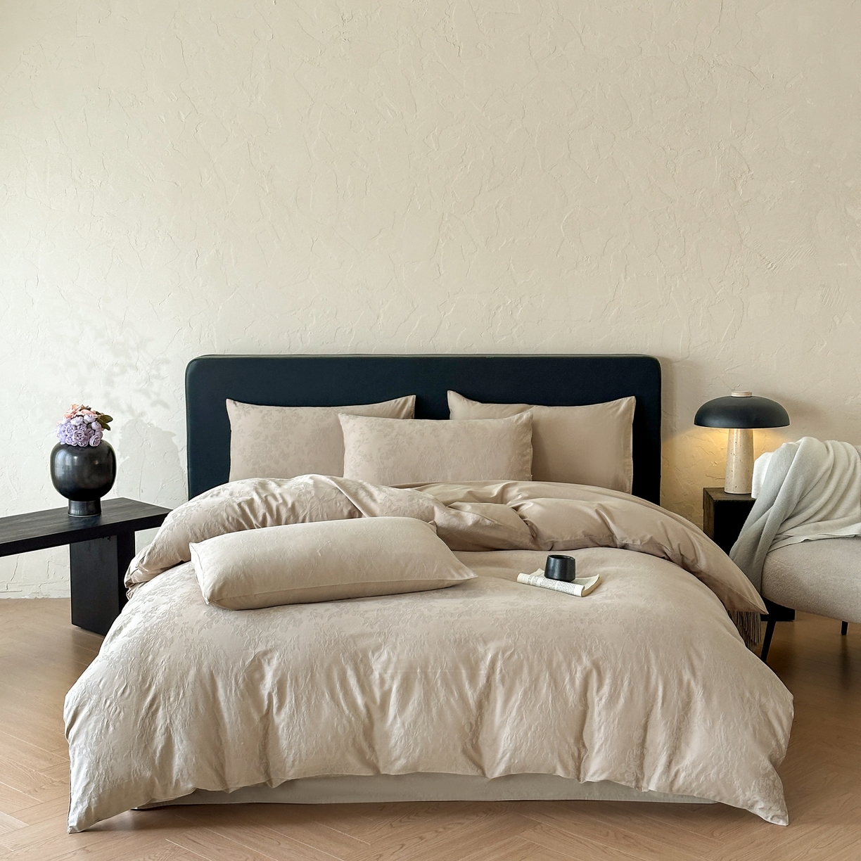 优悦生活馆 2026新款60s全棉提花四件套 花香韵美-金属灰