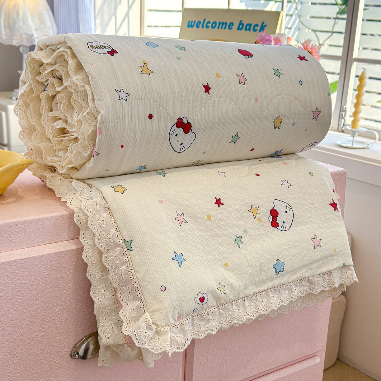 91家纺网 家纺一手货源 找家纺 弗苓家纺 2026新款高克重泡芙棉花边款夏被夏凉被空调被四件套小红书推荐-风格一 星芒凯蒂