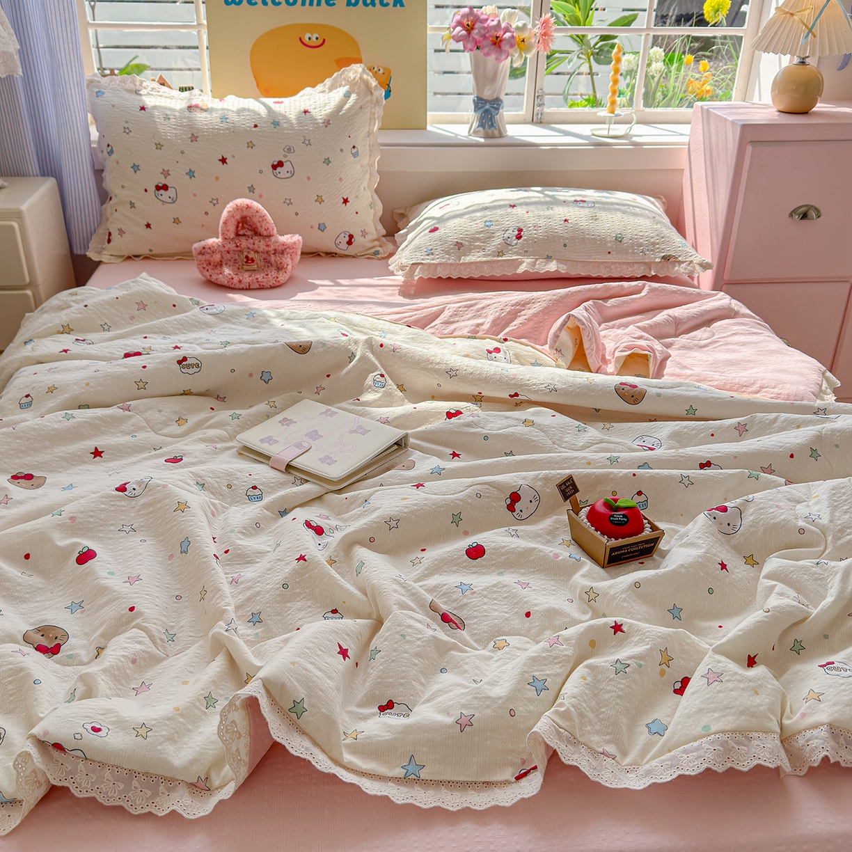 91家纺网 家纺一手货源 找家纺 弗苓家纺 2026新款高克重泡芙棉花边款夏被夏凉被空调被四件套小红书推荐-风格一 星芒凯蒂