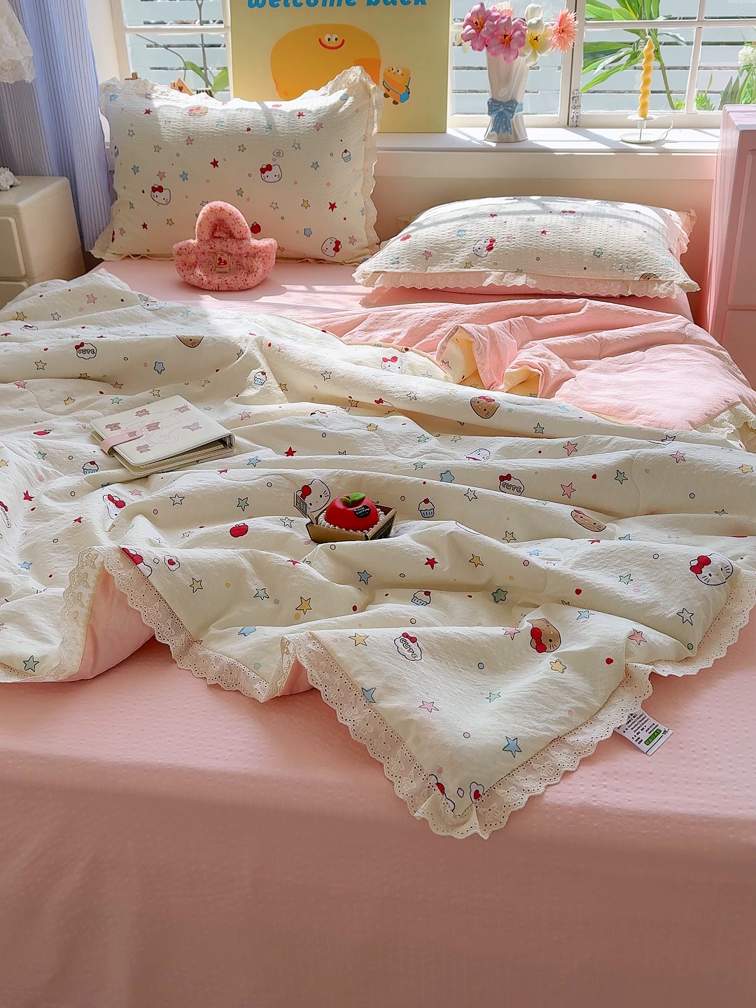 91家纺网 家纺一手货源 找家纺 弗苓家纺 2026新款高克重泡芙棉花边款夏被夏凉被空调被四件套小红书推荐-风格一 星芒凯蒂