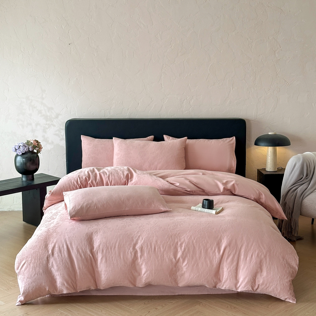 优悦生活馆 2026新款60s全棉提花四件套 花香韵美-浓粉