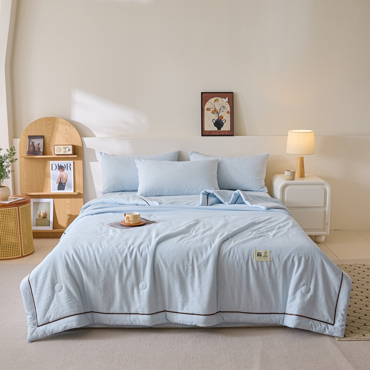 91家纺网 家纺一手货源 找家纺 蓝极人 2026新款提花色织水洗麻夏被四件套 色织-湖水蓝