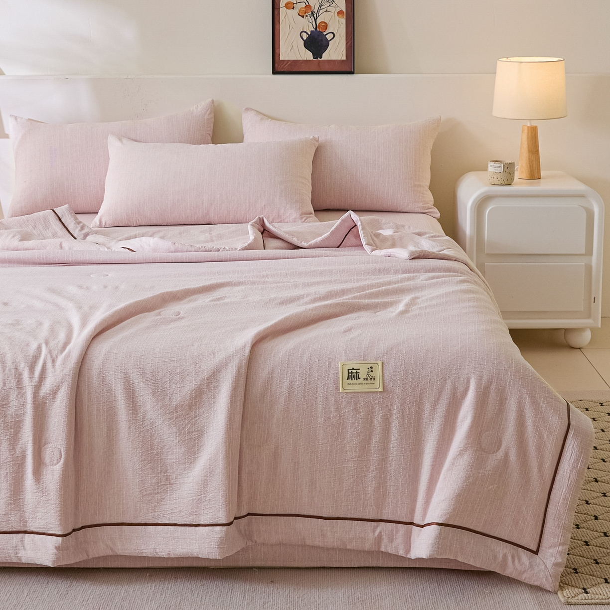 91家纺网 家纺一手货源 找家纺 蓝极人 2026新款提花色织水洗麻夏被四件套 色织-玫瑰粉