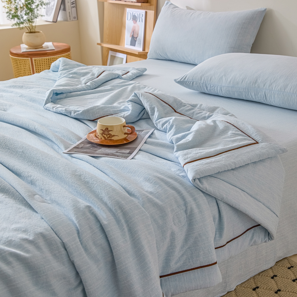 91家纺网 家纺一手货源 找家纺 蓝极人 2026新款提花色织水洗麻夏被四件套 色织-湖水蓝