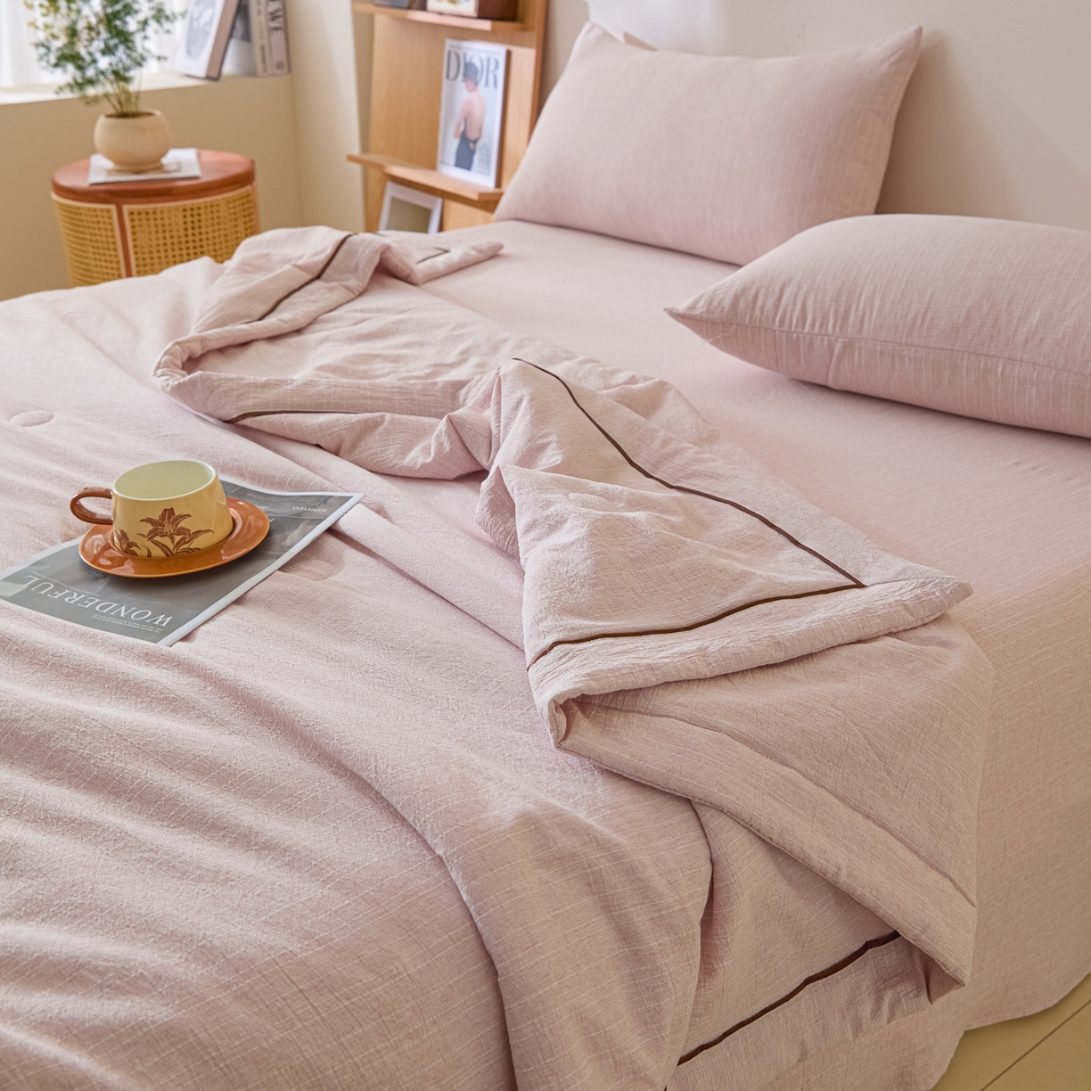 91家纺网 家纺一手货源 找家纺 蓝极人 2026新款提花色织水洗麻夏被四件套 色织-玫瑰粉