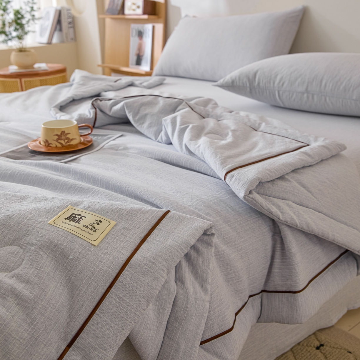 91家纺网 家纺一手货源 找家纺 蓝极人 2026新款提花色织水洗麻夏被四件套 色织-牛仔蓝