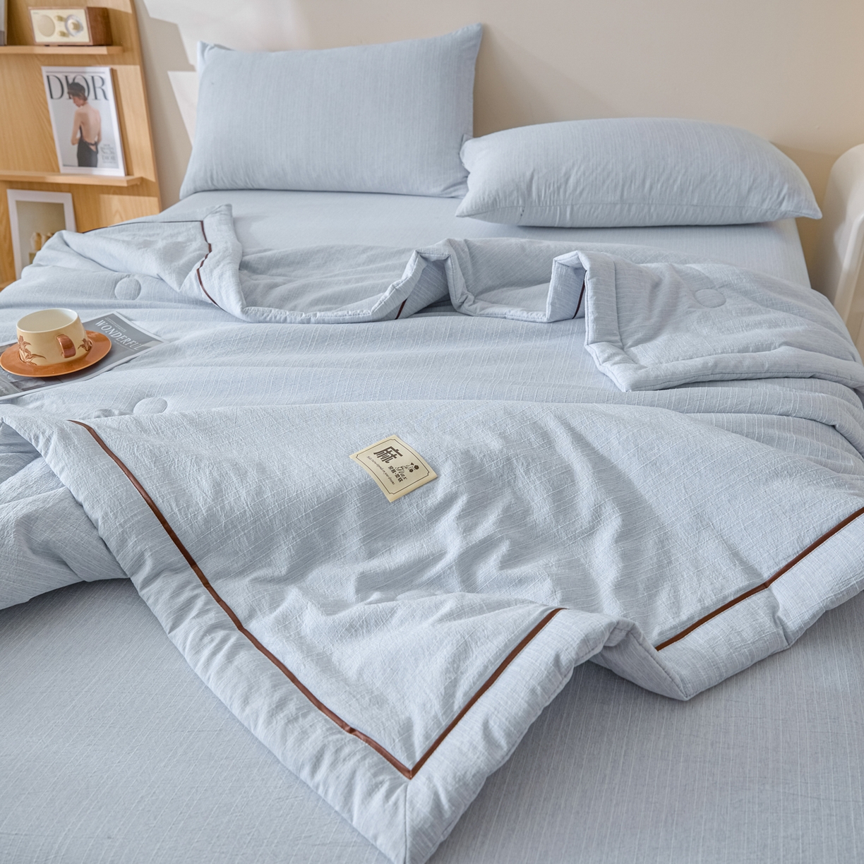 91家纺网 家纺一手货源 找家纺 蓝极人 2026新款提花色织水洗麻夏被四件套 色织-湖水蓝