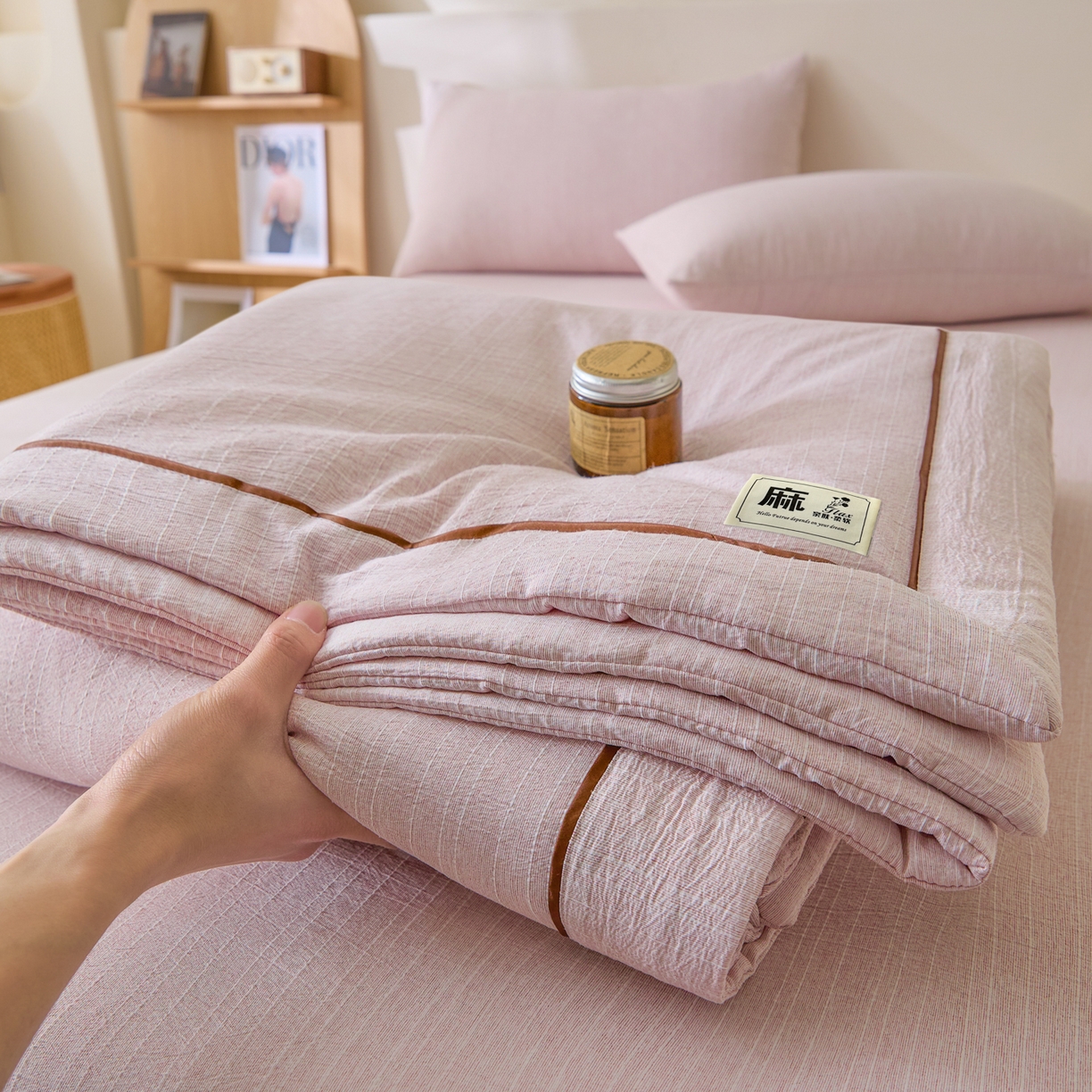 蓝极人 2026新款提花色织水洗麻夏被四件套 色织-玫瑰粉