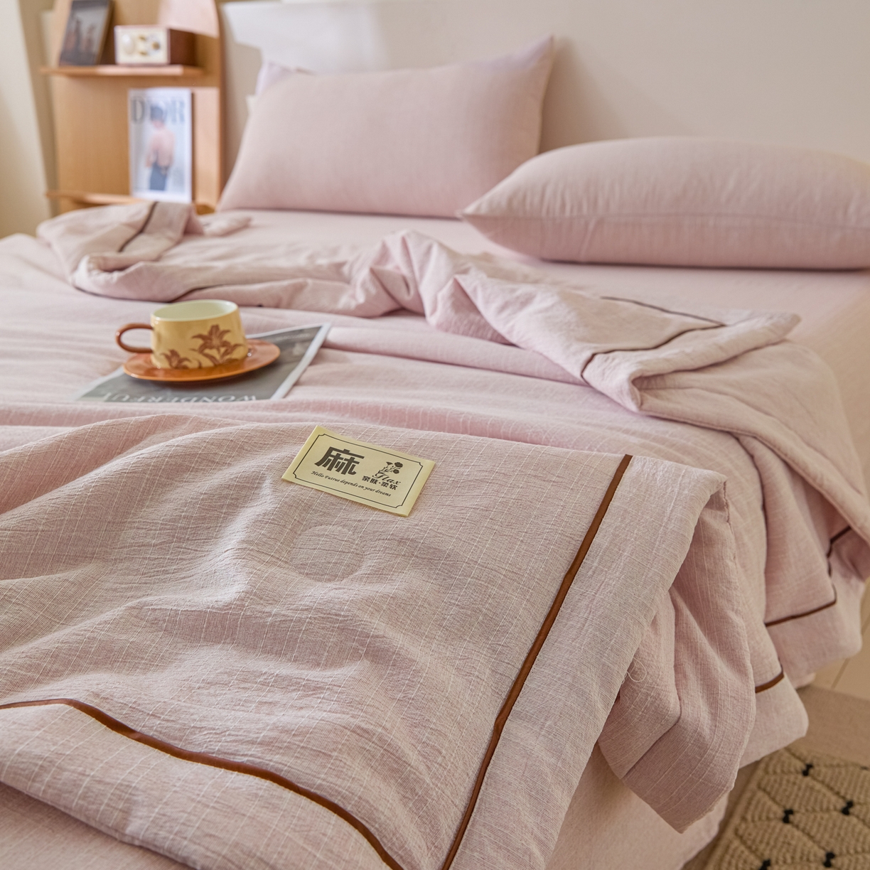 91家纺网 家纺一手货源 找家纺 蓝极人 2026新款提花色织水洗麻夏被四件套 色织-玫瑰粉