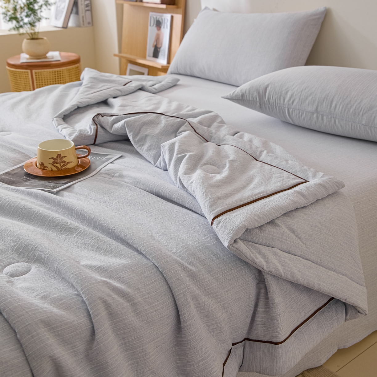 91家纺网 家纺一手货源 找家纺 蓝极人 2026新款提花色织水洗麻夏被四件套 色织-牛仔蓝