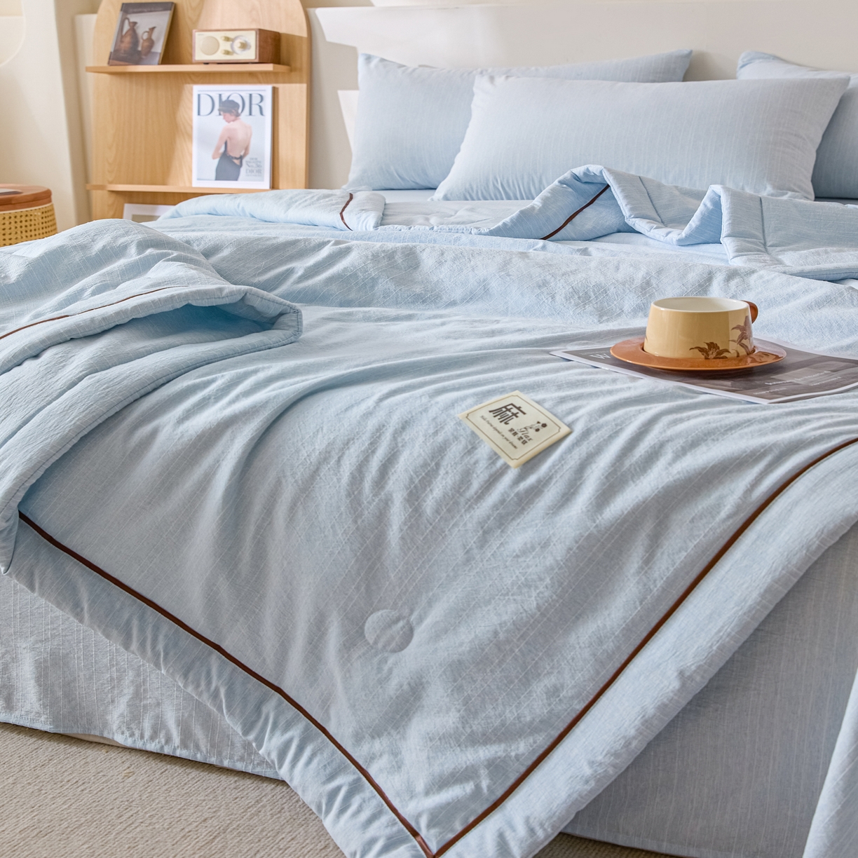 91家纺网 家纺一手货源 找家纺 蓝极人 2026新款提花色织水洗麻夏被四件套 色织-湖水蓝