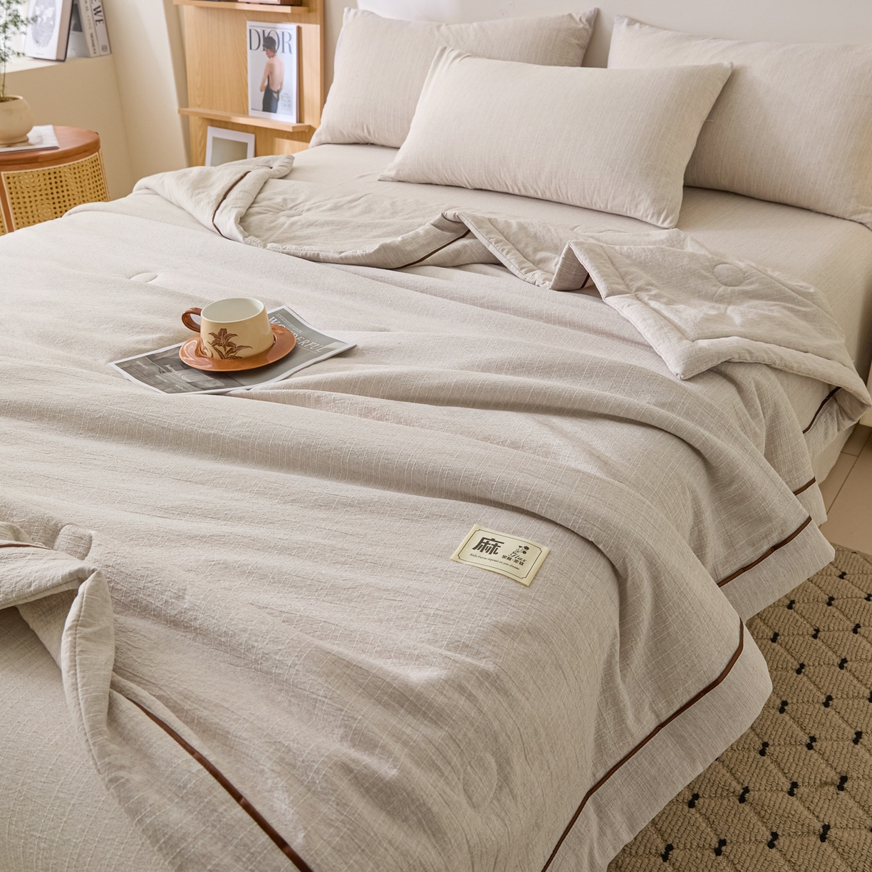 91家纺网 家纺一手货源 找家纺 蓝极人 2026新款提花色织水洗麻夏被四件套 色织-烟灰