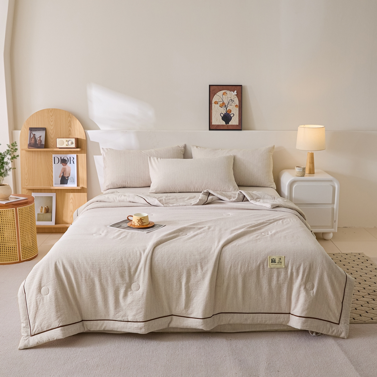 91家纺网 家纺一手货源 找家纺 蓝极人 2026新款提花色织水洗麻夏被四件套 色织-烟灰