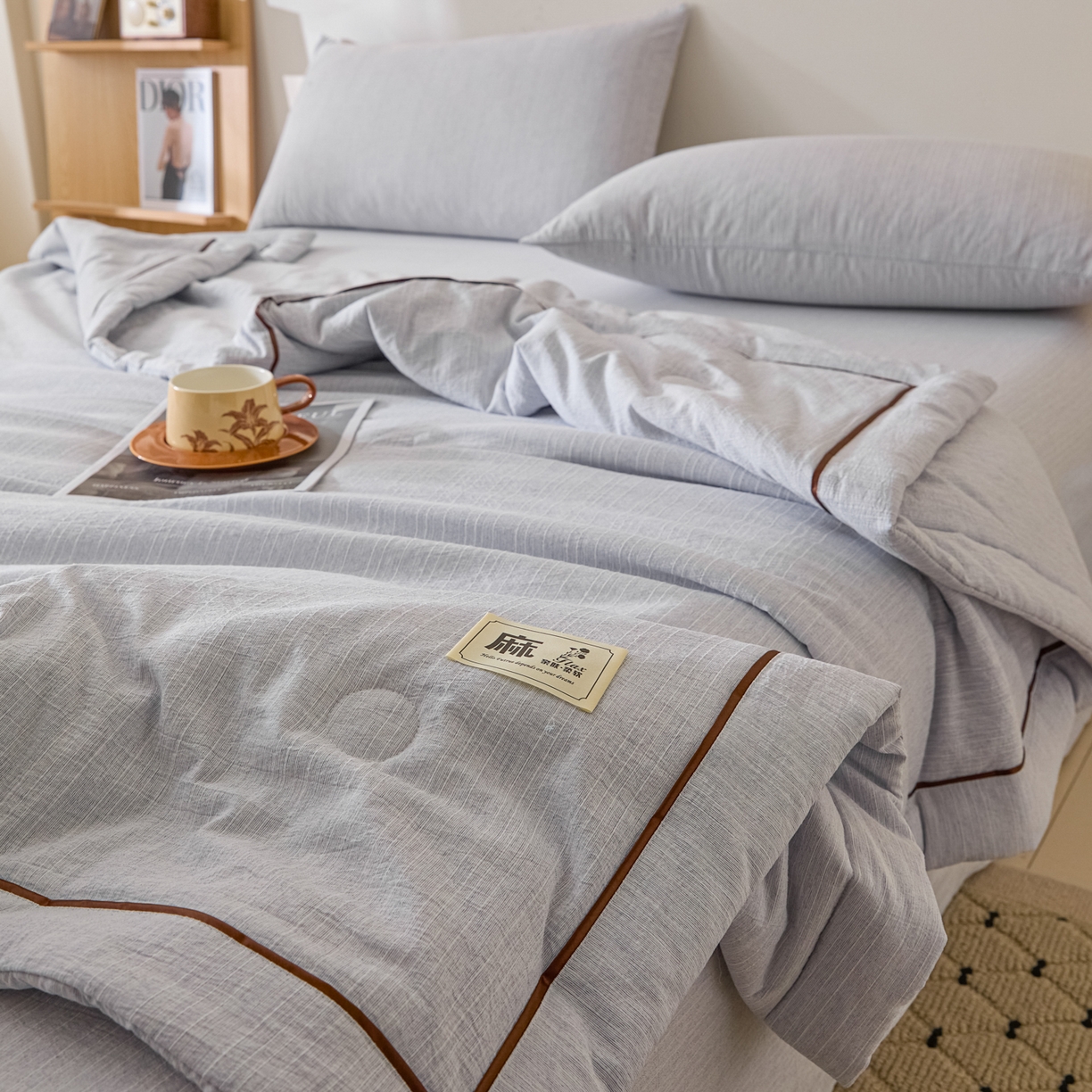 91家纺网 家纺一手货源 找家纺 蓝极人 2026新款提花色织水洗麻夏被四件套 色织-牛仔蓝