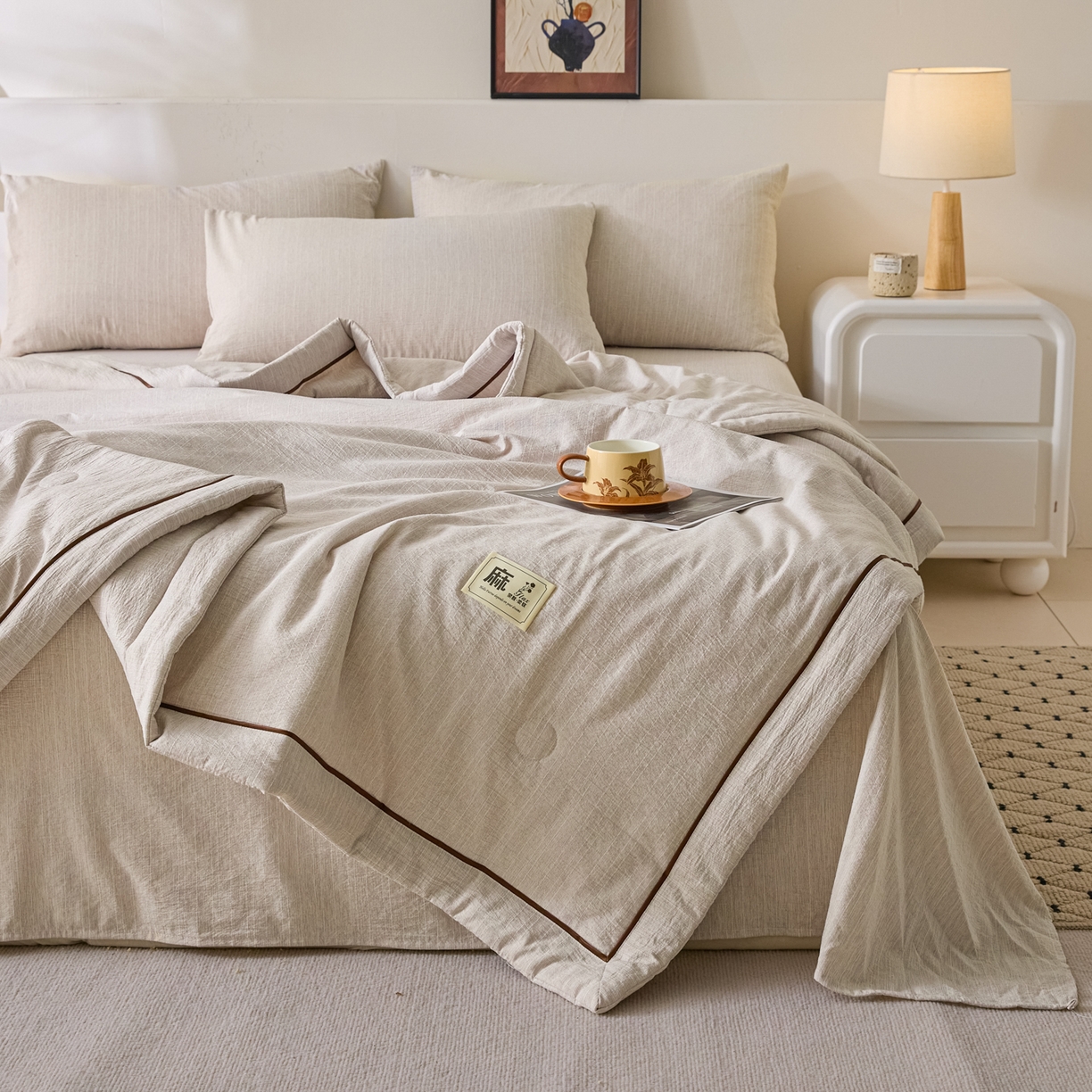 91家纺网 家纺一手货源 找家纺 蓝极人 2026新款提花色织水洗麻夏被四件套 色织-烟灰