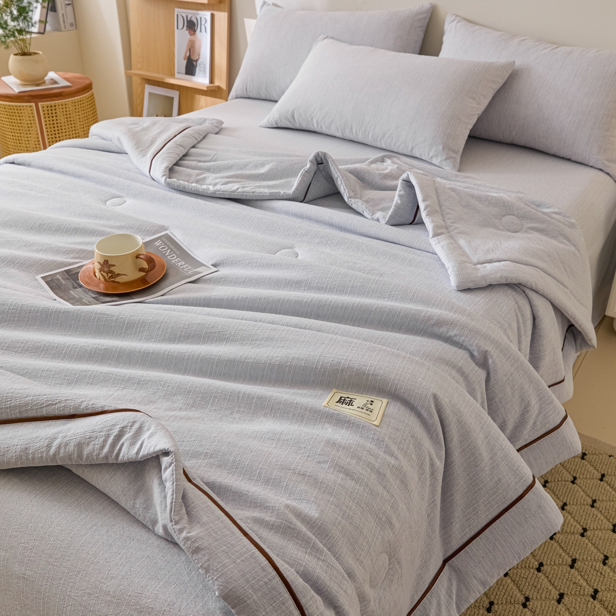 91家纺网 家纺一手货源 找家纺 蓝极人 2026新款提花色织水洗麻夏被四件套 色织-牛仔蓝