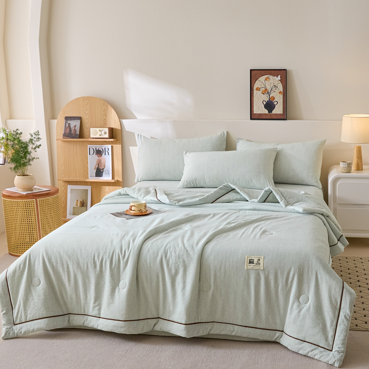 91家纺网 家纺一手货源 找家纺 蓝极人 2026新款提花色织水洗麻夏被四件套 色织-抹茶