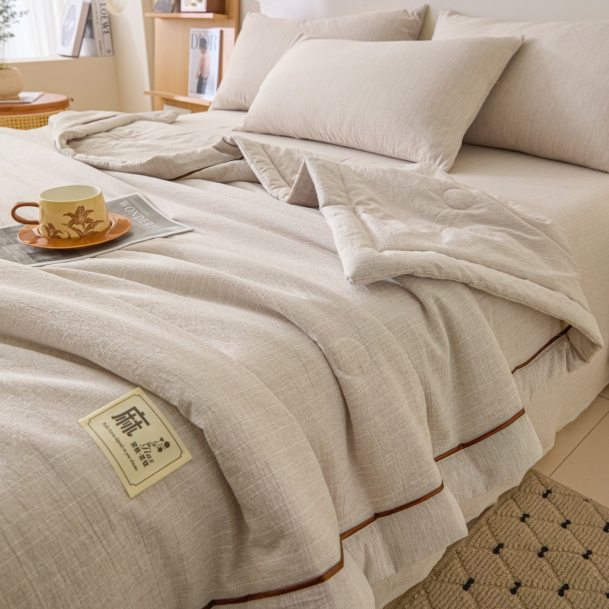 91家纺网 家纺一手货源 找家纺 蓝极人 2026新款提花色织水洗麻夏被四件套 色织-烟灰