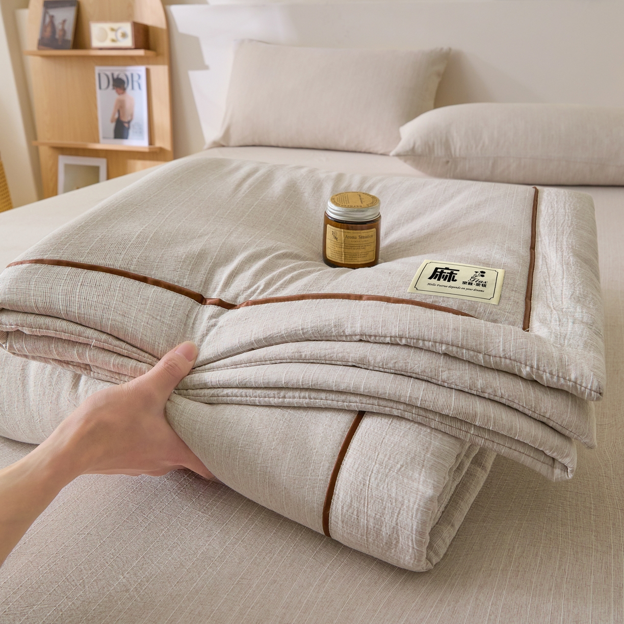 蓝极人 2026新款提花色织水洗麻夏被四件套 色织-烟灰